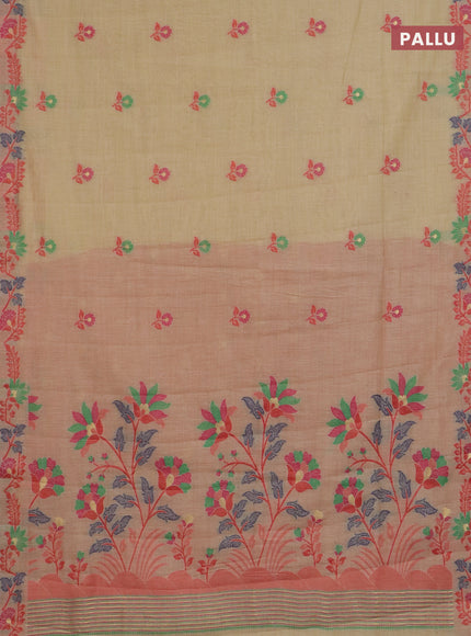 Jamdhani cotton saree sandal and red with allover thread woven buttas and jamdhani pallu