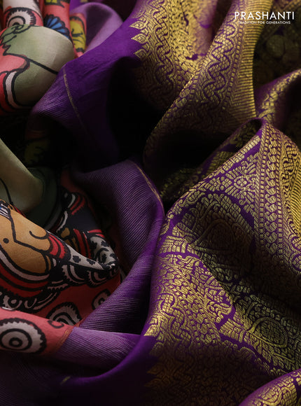 Pure kanchipuram silk saree peach shade and purple with allover penkalamkari prints and long rich annam zari woven border