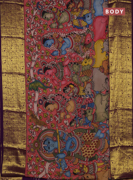 Pure kanchipuram silk saree peach shade and purple with allover penkalamkari prints and long rich annam zari woven border