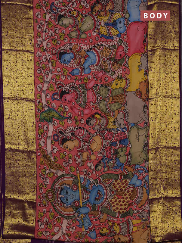 Pure kanchipuram silk saree peach shade and purple with allover penkalamkari prints and long rich annam zari woven border