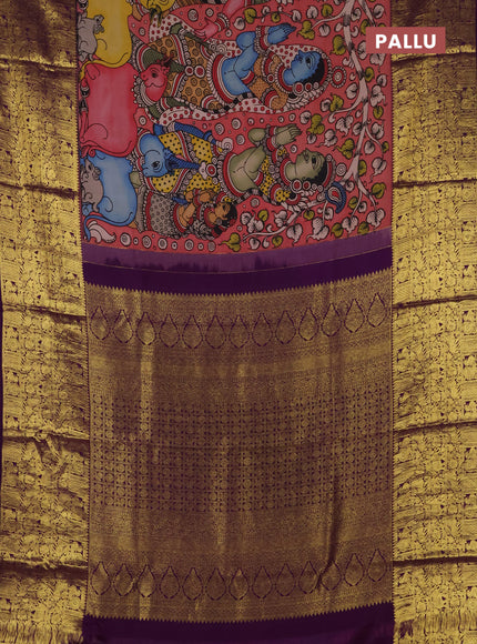 Pure kanchipuram silk saree peach shade and purple with allover penkalamkari prints and long rich annam zari woven border