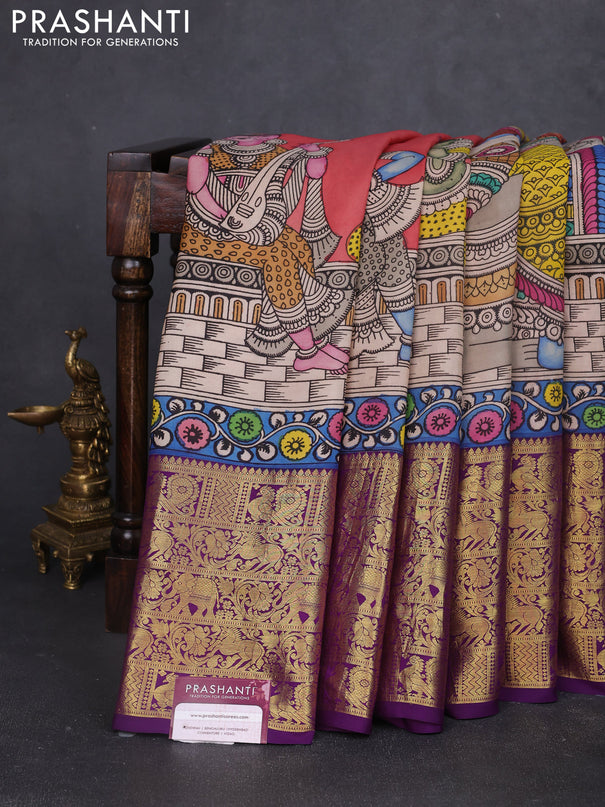 Pure kanchipuram silk saree peach shade and purple with allover penkalamkari prints and long rich zari woven border