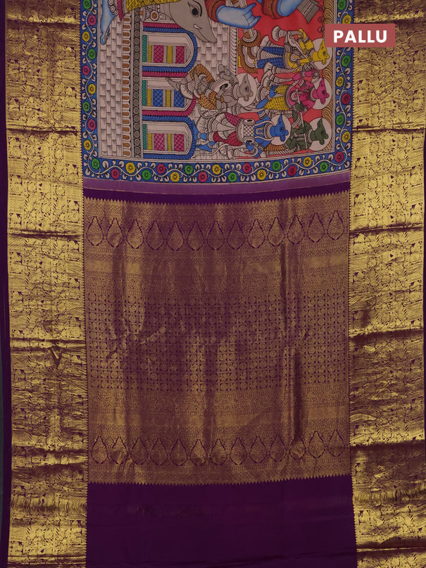 Pure kanchipuram silk saree peach shade and purple with allover penkalamkari prints and long rich zari woven border
