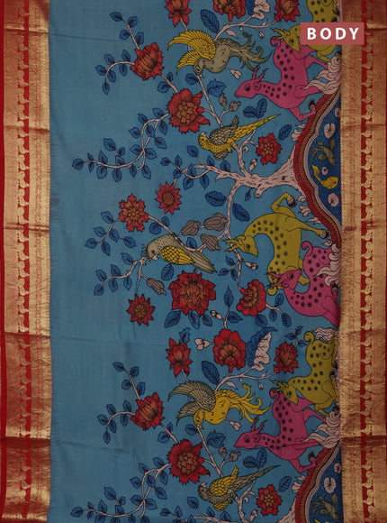 Pure kanchipuram silk saree blue and red with allover penkalamkari prints and rich peacock zari woven border