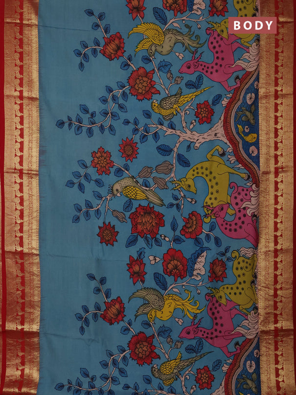 Pure kanchipuram silk saree blue and red with allover penkalamkari prints and rich peacock zari woven border
