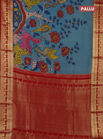 Pure kanchipuram silk saree blue and red with allover penkalamkari prints and rich peacock zari woven border