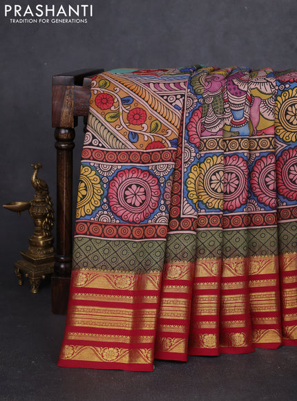Pure kanchipuram silk saree lime green and maroon with allover penkalamkari prints and rich zari woven border