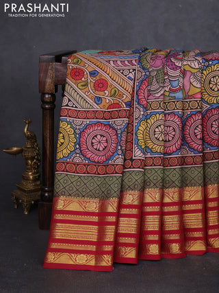Pure kanchipuram silk saree lime green and maroon with allover penkalamkari prints and rich zari woven border