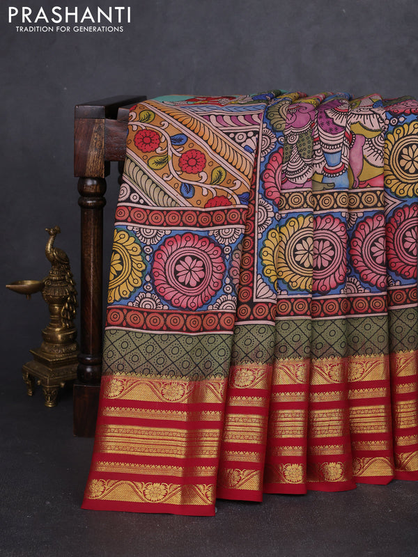 Pure kanchipuram silk saree lime green and maroon with allover penkalamkari prints and rich zari woven border