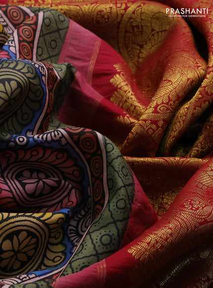 Pure kanchipuram silk saree lime green and maroon with allover penkalamkari prints and rich zari woven border