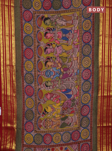 Pure kanchipuram silk saree lime green and maroon with allover penkalamkari prints and rich zari woven border