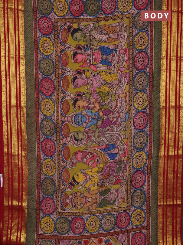 Pure kanchipuram silk saree lime green and maroon with allover penkalamkari prints and rich zari woven border