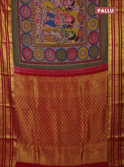 Pure kanchipuram silk saree lime green and maroon with allover penkalamkari prints and rich zari woven border