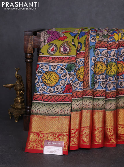 Pure kanchipuram silk saree teal blue and maroon with allover penkalamkari prints and annam zari woven border