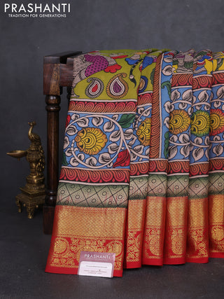 Pure kanchipuram silk saree teal blue and maroon with allover penkalamkari prints and annam zari woven border