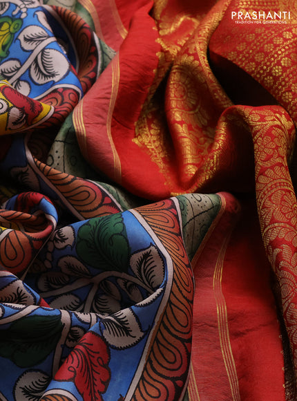 Pure kanchipuram silk saree teal blue and maroon with allover penkalamkari prints and annam zari woven border