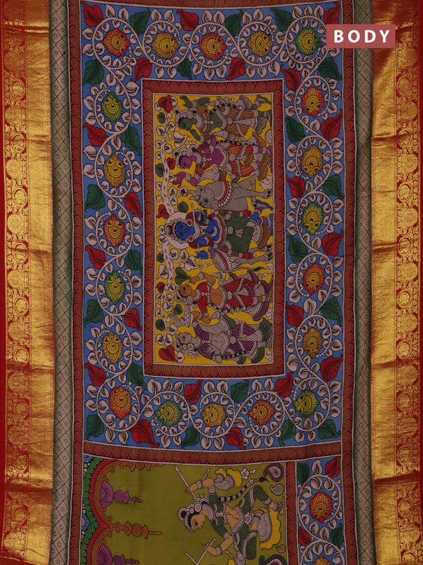Pure kanchipuram silk saree teal blue and maroon with allover penkalamkari prints and annam zari woven border