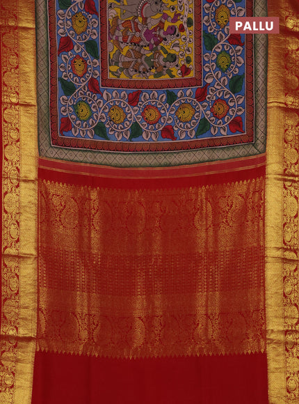 Pure kanchipuram silk saree teal blue and maroon with allover penkalamkari prints and annam zari woven border