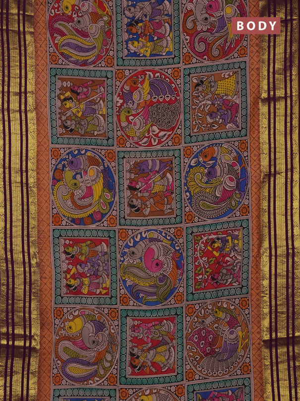 Pure kanchipuram silk saree peach orange and purple with allover penkalamkari prints and rich zari woven border