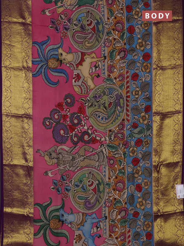 Pure kanchipuram silk saree peach pink and purple with allover penkalamkari prints and long rich zari woven border