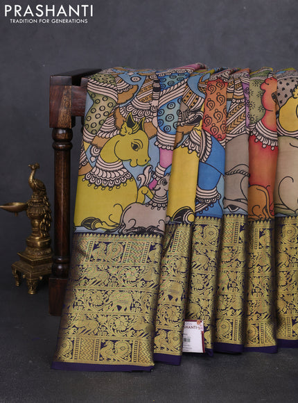 Pure kanchipuram silk saree pastel blue and navy blue with allover penkalamkari prints and long rich zari woven border