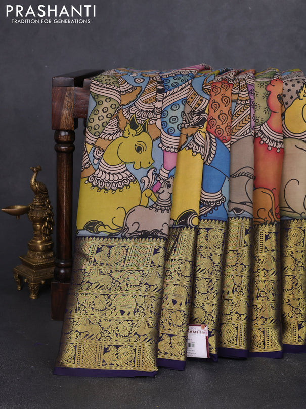 Pure kanchipuram silk saree pastel blue and navy blue with allover penkalamkari prints and long rich zari woven border