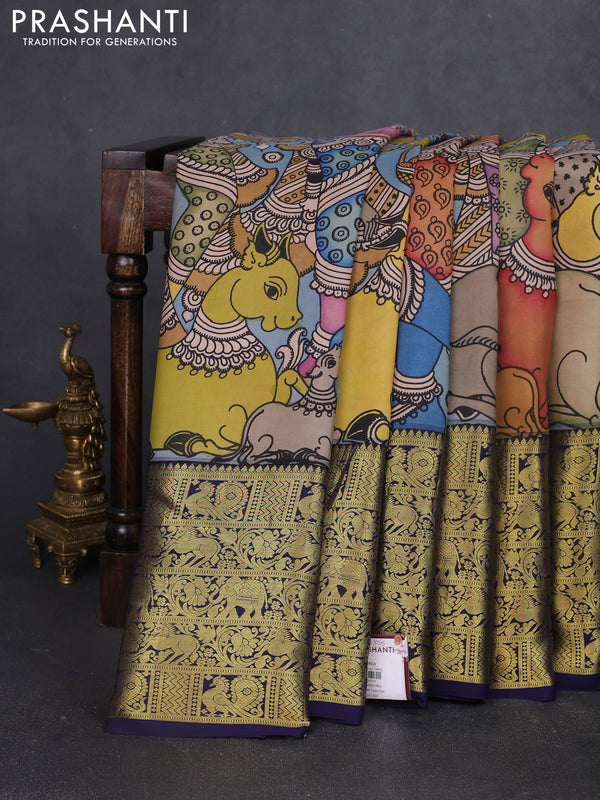 Pure kanchipuram silk saree pastel blue and navy blue with allover penkalamkari prints and long rich zari woven border