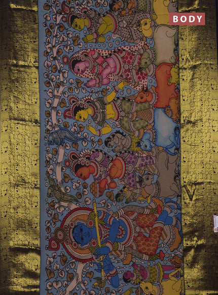 Pure kanchipuram silk saree pastel blue and navy blue with allover penkalamkari prints and long rich zari woven border