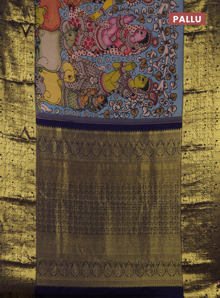Pure kanchipuram silk saree pastel blue and navy blue with allover penkalamkari prints and long rich zari woven border