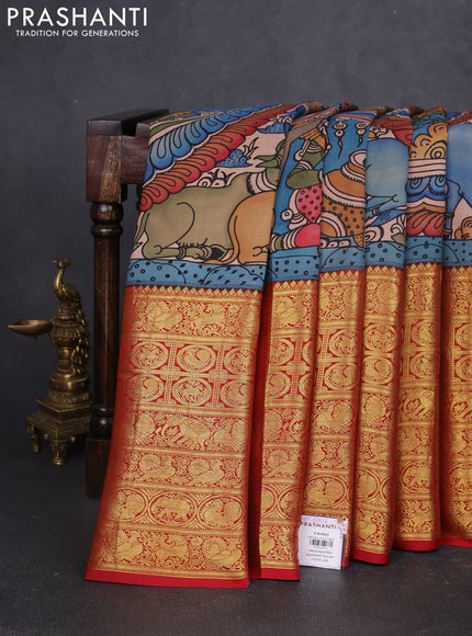Pure kanchipuram silk saree grey and maroon with allover penkalamkari prints and long rich zari woven border