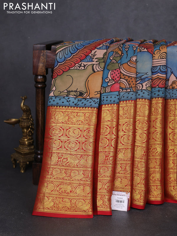 Pure kanchipuram silk saree grey and maroon with allover penkalamkari prints and long rich zari woven border