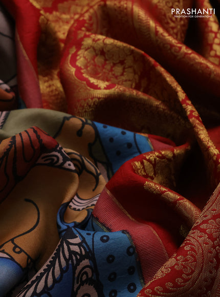 Pure kanchipuram silk saree grey and maroon with allover penkalamkari prints and long rich zari woven border