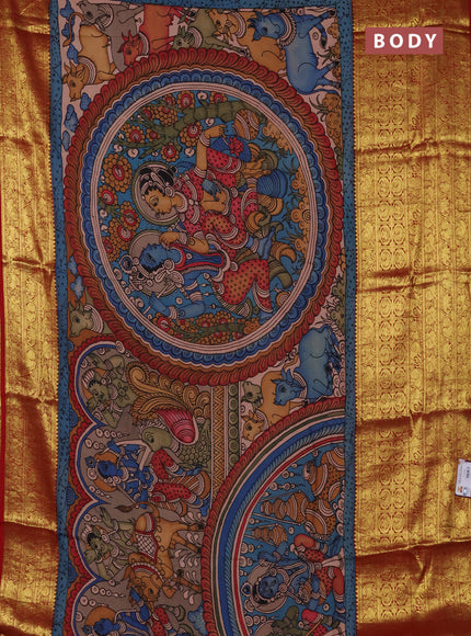 Pure kanchipuram silk saree grey and maroon with allover penkalamkari prints and long rich zari woven border
