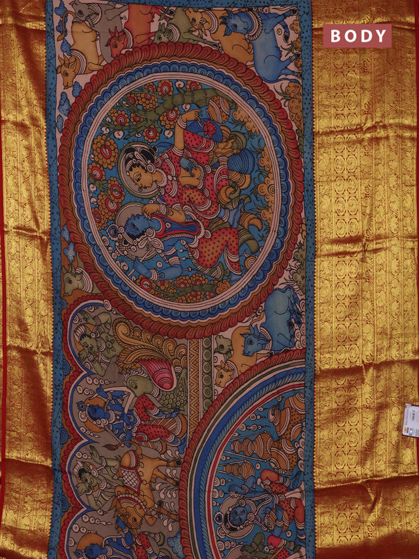 Pure kanchipuram silk saree grey and maroon with allover penkalamkari prints and long rich zari woven border