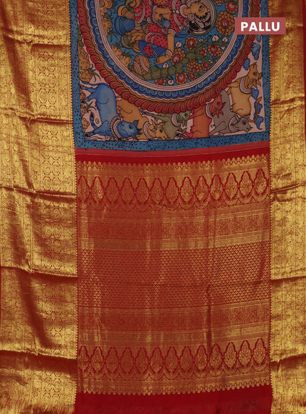 Pure kanchipuram silk saree grey and maroon with allover penkalamkari prints and long rich zari woven border