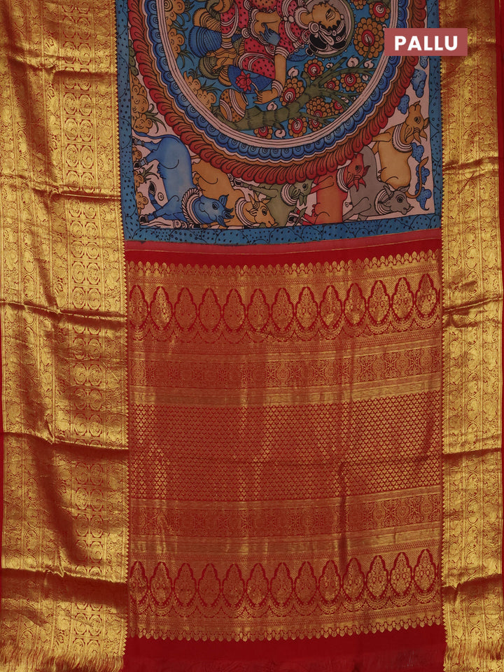 Pure kanchipuram silk saree grey and maroon with allover penkalamkari prints and long rich zari woven border