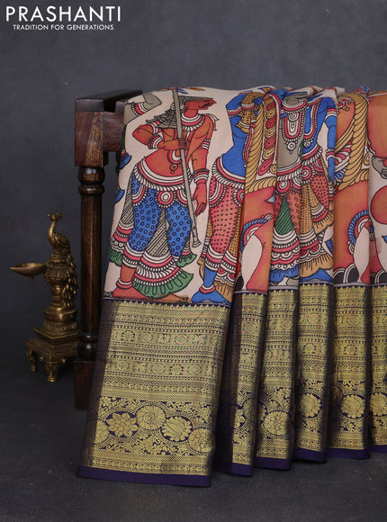 Pure kanchipuram silk saree beige and navy blue with allover penkalamkari prints and long rich lotus zari woven border