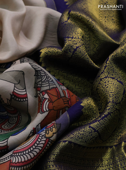Pure kanchipuram silk saree beige and navy blue with allover penkalamkari prints and long rich lotus zari woven border