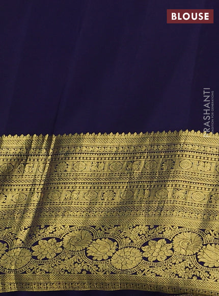 Pure kanchipuram silk saree beige and navy blue with allover penkalamkari prints and long rich lotus zari woven border