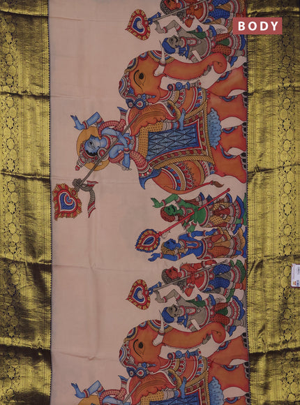 Pure kanchipuram silk saree beige and navy blue with allover penkalamkari prints and long rich lotus zari woven border