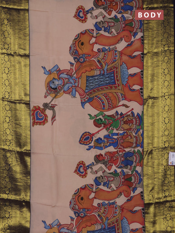 Pure kanchipuram silk saree beige and navy blue with allover penkalamkari prints and long rich lotus zari woven border