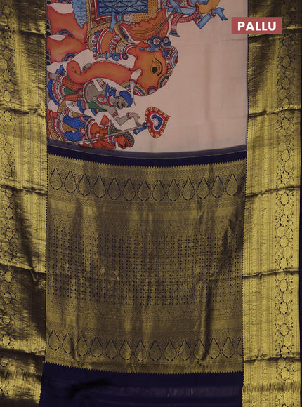 Pure kanchipuram silk saree beige and navy blue with allover penkalamkari prints and long rich lotus zari woven border