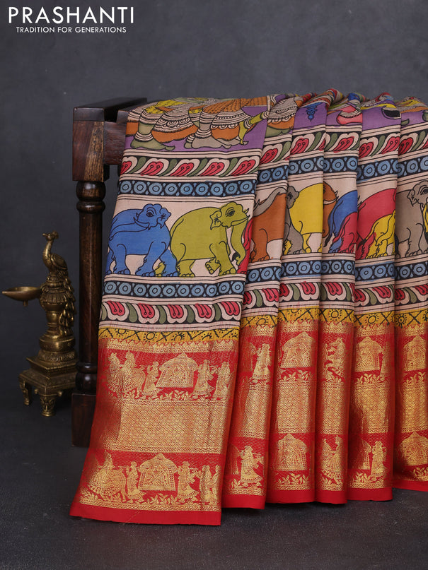 Pure kanchipuram silk saree purple and maroon with allover penkalamkari prints and rich zari woven border