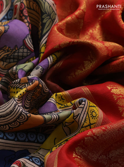 Pure kanchipuram silk saree purple and maroon with allover penkalamkari prints and rich zari woven border