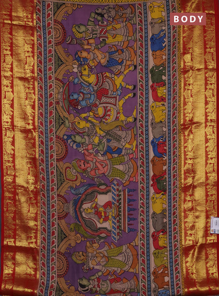 Pure kanchipuram silk saree purple and maroon with allover penkalamkari prints and rich zari woven border