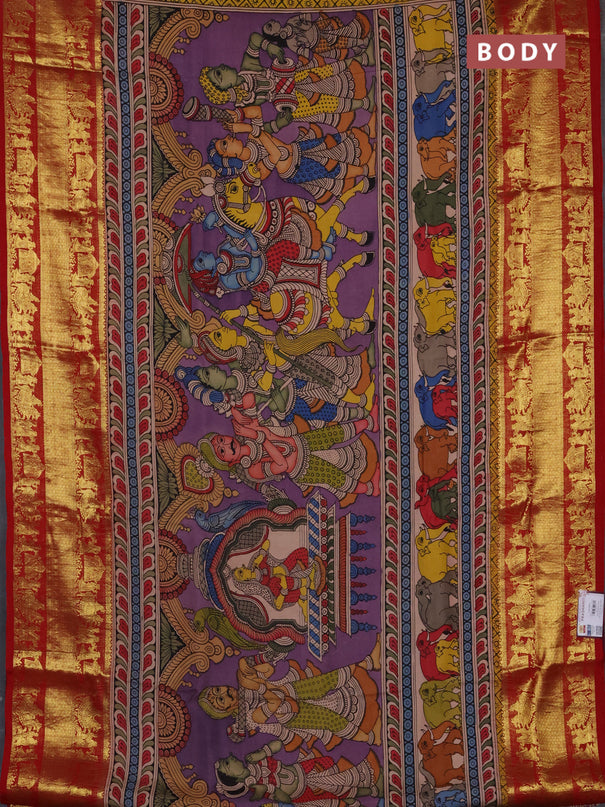 Pure kanchipuram silk saree purple and maroon with allover penkalamkari prints and rich zari woven border