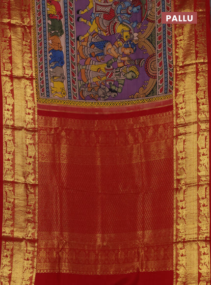 Pure kanchipuram silk saree purple and maroon with allover penkalamkari prints and rich zari woven border