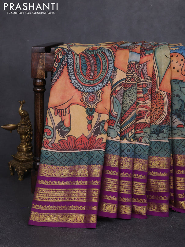 Pure kanchipuram silk saree sandal and purple with allover penkalamkari prints and rich zari woven border