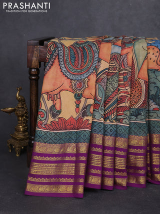 Pure kanchipuram silk saree sandal and purple with allover penkalamkari prints and rich zari woven border