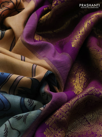 Pure kanchipuram silk saree sandal and purple with allover penkalamkari prints and rich zari woven border